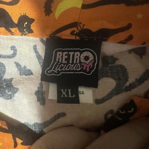 Retrolicious Orange Cat Print Tie Neck Sleeveless Top Sz Xl Halloween Kitty - Picture 7 of 11